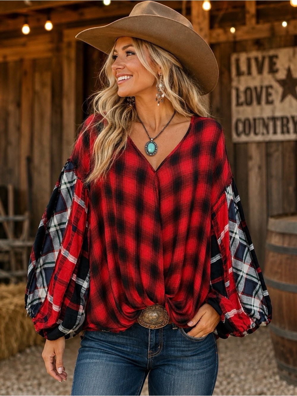 Umgee Puffed Long Sleeve Wrap Front Top Rustic Boho Country Western Barn Plaid
